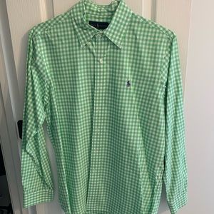 MEN’S LARGE GREEN & WHITE LONG SLEEVE BUTTON UP POLO
